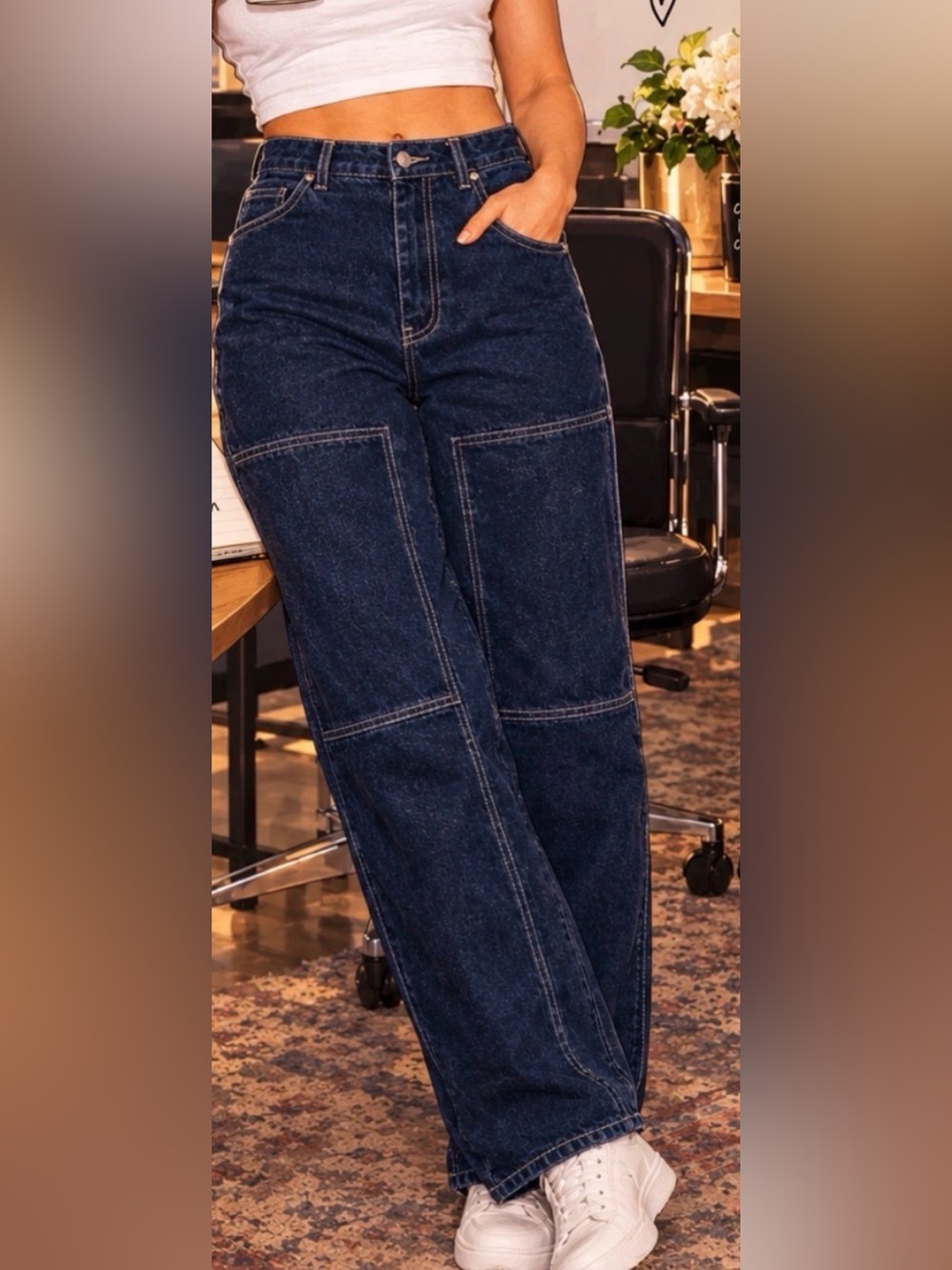 Brandy Melville 100 % cotton Ariana Painter High-Waist Dark Blue cargo jeans